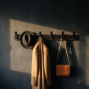Wandkapstok met haken | Kapstok met 6 haken in donker walnoothout | Moderne halorganizer | Minimalistische haldecoratie | Houten wandhaken