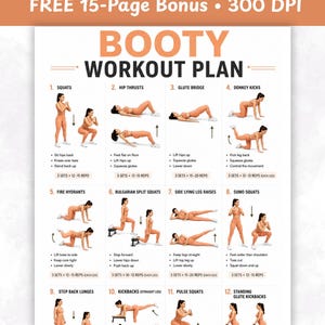Puede incluir: Un póster de plan de entrenamiento blanco titulado BOOTY WORKOUT PLAN que presenta doce ilustraciones de ejercicios numeradas con instrucciones de texto para sentadillas, empujes de cadera, puentes de glúteos y otros.