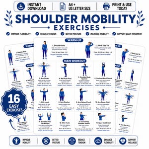 Shoulder Exercises Printable PDF | Neck & Shoulder Pain Relief Stretches | Posture Correction Poster for Desk Workers | Mobility Chart