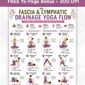 May include: A digital poster titled Fascia & Lymphatic Drainage Yoga Flow featuring sixteen numbered illustrations of a person in purple athletic wear performing yoga poses. The chart includes text instructions, time, sets, and repetition counts.