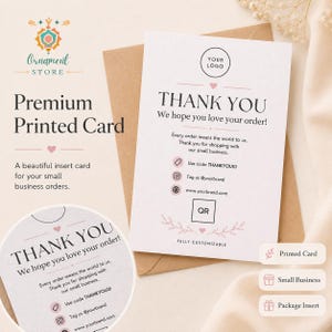 May include: A white rectangular thank you card with black text and pink accents, featuring a logo placeholder, a QR code, and social media icons. The card includes the text Thank You, We hope you love your order, and is placed on a brown envelope.