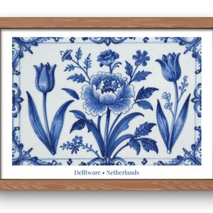 Delft Blue Floral Wall Art Print, Dutch Tile Pattern, Blue White Botanical Poster, Netherlands Home Decor Gift