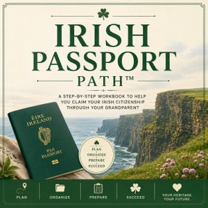 May include: A workbook titled IRISH PASSPORT PATH with a green cover featuring a gold harp and the text EIRE IRELAND PAS PASSPORT. The cover includes a circular badge with the text PLAN ORGANIZE PREPARE SUCCEED and a shamrock icon.