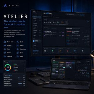 May include: A dark-themed digital workspace interface titled Atelier, displayed on a large monitor and a laptop screen. The software features a dashboard, project progress bars, task status charts, a kanban board, and a calendar view in shades of blue.