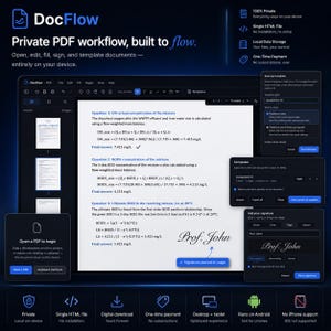 Puede incluir: Interfaz de software DocFlow en una pantalla oscura que muestra un documento PDF con preguntas y respuestas científicas, un campo de firma Prof. John y menús emergentes para plantillas y ajustes de firma, con iconos de funciones.