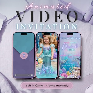 Op de afbeelding: Drie smartphones met een geanimeerde video-uitnodiging met zeemeermin-thema. De schermen tonen een paarse envelop, een kind in een zeemeerminkostuum en de tekst Under the Sea, Elizabeth is Three en Let's Shell-ebrate met afbeeldingen van de oceaan.