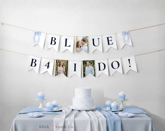 Banner per addio al nubilato "Something Blue" in formato digitale Canva, ghirlanda fotografica "Blue Before I Do", cartello per addio al nubilato con fiocco coquette modificabile