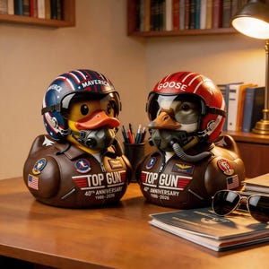 May include: Two rubber ducks dressed as fighter pilots, one labelled Maverick and one Goose. Both wear flight helmets, oxygen masks, and brown bomber jackets with Top Gun 40th Anniversary 1986-2026 text, patches, and American flag emblems.