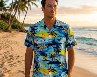 Tropical Beach Hawaiian Shirt for Men, Sunset Ocean Aloha Shirt, Palm Tree & Sailboat Button Down, Summer Vacation Shirt