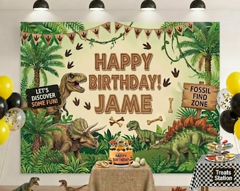 Dinosaur Birthday Banner Custom Name, Personalized Dino Party Backdrop, Dinosaur Birthday Decoration, Jungle T Rex Birthday Party Decor