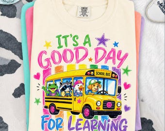 Det är en bra dag för att lära sig PNG, söta skolbussdjur PNG, sublimeringsdesign för tillbaka till skolan, grafik för barns första skoldag