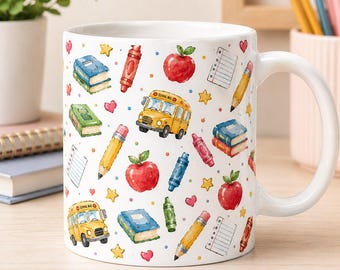 Back to School Mug, Teacher Coffee Cup, Watercolor School Bus Apple Pencil Mug, Cute Classroom Mug, Teacher Appreciation Gift