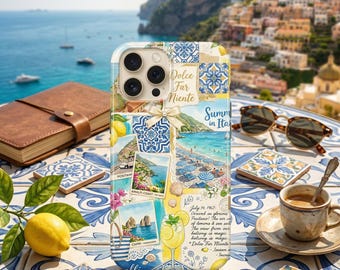 Amalfi Coast Italy Phone Case, Italian Summer Collage iPhone Case, Positano Lemon Tile Aesthetic Cover, Mediterranean Travel Phone Case
