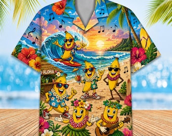 Funny Banana Hawaiian Shirt, Tropical Banana Beach Party Aloha Shirt, Surfing Banana Summer Vacation Shirt, Funny Fruit Hawaiian Button Up