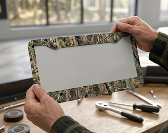 Woodland Camo License Plate Frame, Hunting License Plate Cover, Camouflage Truck Accessory, Outdoor Lover Gift for Men, Rustic Car Tag Frame