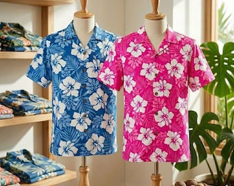 Couples Hawaiian Shirt Set, Matching Tropical Flower Aloha Shirts, Beach Vacation Outfit for Him and Her, Summer Resort Wear