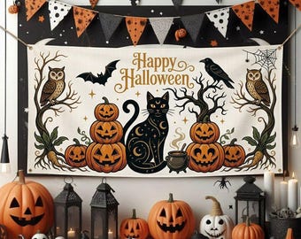 Vintage Halloween Banner, Black Cat Halloween Decor, Pumpkin Wall Hanging, Halloween Party Backdrop, Cute Spooky Tapestry, Fall Home Decor