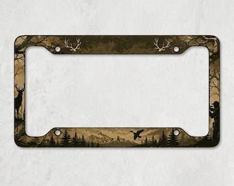 Hunting License Plate Frame, Deer Camo License Plate Cover, Hunter Gift for Men, Buck Forest Car Tag Frame, Wildlife Mountain Auto Accessory