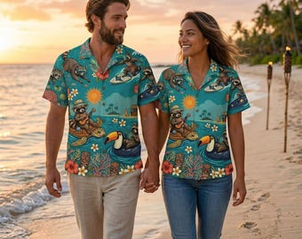 Couples Hawaiian Shirt , Matching Aloha Shirts For Couples, Tropical Vacation Shirt, Funny Animal Beach Shirt, His And Hers Summer Outfit