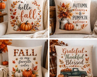 Fall Throw Pillow Cover, Hello Fall Pumpkin Pillow, Autumn Farmhouse Cushion Cover, Thanksgiving Decorative Pillow, Harvest Home Decor Gift
