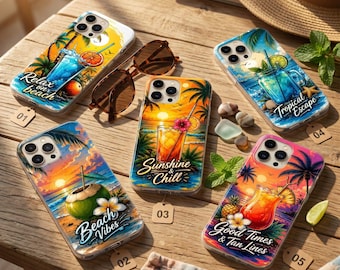 Tropical Beach Phone Case, Summer Vacation iPhone Case, Palm Tree Sunset Ocean Case, Beach Drink Aesthetic Phone Cover, Cute Coastal Gift