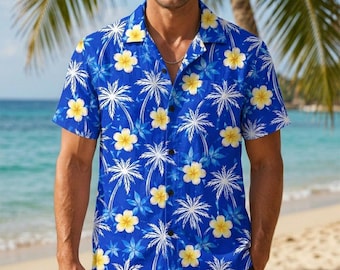 Blue Tropical Hawaiian Shirt, Fireworks & Plumeria Aloha Shirt, Summer Beach Shirt for Men, Vacation Outfit, Island Style Gift
