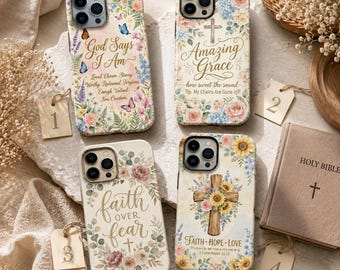 Christian Floral Phone Case, Faith Phone Cover, Amazing Grace, Faith Over Fear, God Says I Am, Bible Verse Gift for Women