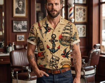 Vintage Tattoo Hawaiian Shirt, Men's Retro Aloha Shirt, Nautical Skull Print Shirt, Rockabilly Summer Button Up Shirt