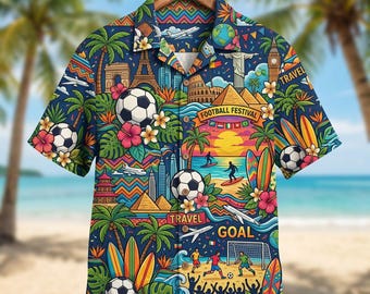 Soccer Travel Hawaiian Shirt, Football Festival Aloha Shirt, Tropical Soccer Vacation Shirt, Summer Beach Button Up for Men