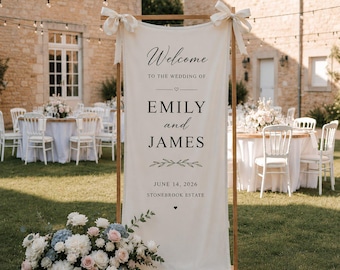 Custom Wedding Welcome Sign, Personalized Linen Banner with Couple Names, Reception Decor, Rehearsal Dinner, Engagement Party Sign
