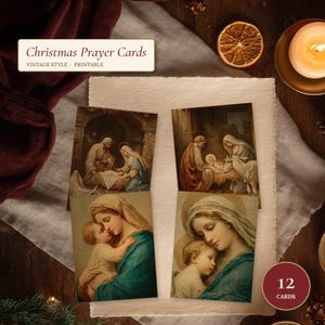 May include: A set of twelve Christmas prayer cards featuring religious nativity scenes and depictions of the Madonna and Child. The cards display classic artwork with muted tones, and the text Christmas Prayer Cards Vintage Style Printable is visible.