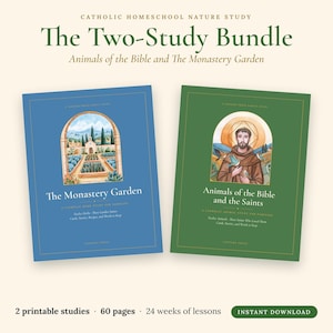 May include: Two educational books titled The Two-Study Bundle: Animals of the Bible and The Monastery Garden. The blue book features a garden illustration, while the green book shows a saint with birds. Text includes Catholic Homeschool Nature Study.