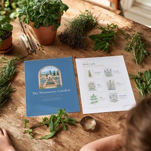 May include: A blue book titled The Monastery Garden and a white sheet titled Herb Cards featuring illustrations of rosemary, lavender, sage, thyme, mint, and chamomile, surrounded by fresh green herbs and a small magnifying glass.