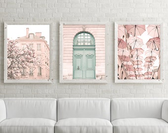 Paris wall art prints, gallery wall prints, wall art canvas art, extra large wall art, gallery wall set, blush pink wall art France wall art