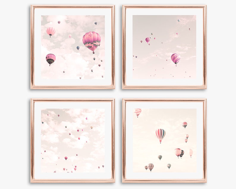 Girl nursery decor girl, hot air balloon nursery wall art girl, nursery set, nursery print set, nursery prints, blush pink wall art prints image 1