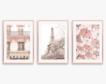 Paris wall art prints, Paris photography prints, gallery wall prints, wall art canvas art, gallery wall set of 3, blush pink wall art three