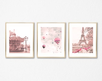 Girl nursery decor girl nursery wall art, travel nursery prints, hot air balloon nursery, gallery wall set of 3, girl room decor Paris