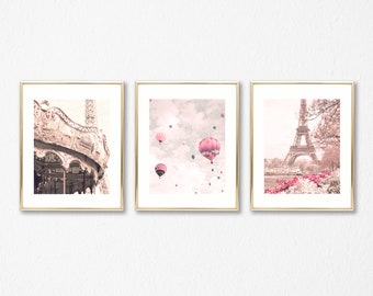 Girl nursery decor girl nursery wall art, travel nursery prints, hot air balloon nursery, gallery wall set of 3, girl room decor Paris