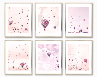 Set of 6 nursery prints, girl nursery decor girl, hot air balloon nursery wall art girl, girls room art, neutral wall art, girls room decor