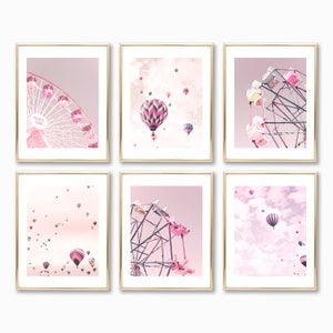 Set of 6 nursery prints, girl nursery decor girl, hot air balloon nursery wall art girl, girls room art, neutral wall art, girls room decor