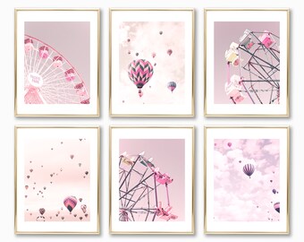 Set of 6 nursery prints, girl nursery decor girl, hot air balloon nursery wall art girl, girls room art, neutral wall art, girls room decor