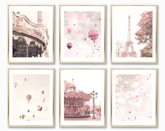 Set of 6 nursery prints, girl nursery decor girl, hot air balloon nursery wall art girl, toddler girls room art, neutral, girls room decor