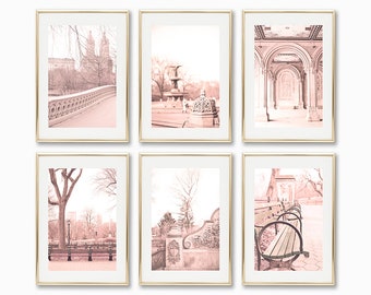 Gallery wall set 6, blush pink wall art, Central Park New York photography prints, gallery wall prints, New York prints, girls room decor