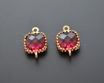 2pcs - (Ruby) Gold Framed Square Glass Pendant (B0250G) - Glass pendant, Ruby earrings making, Glass Link, Charm necklace, Wholesale supply