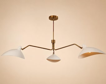 Mid-Century Messing Kronleuchter 3-flammig | Geschwungene Lampenschirme aus den 60er Jahren