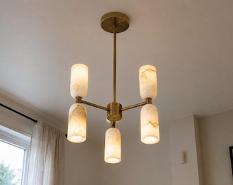 Moderner 6-flammiger Kronleuchter aus Alabaster und Messing | Esszimmer | Wohnzimmer | Deckenleuchte im Mid-Century-Stil | Luxuriöse Pendelleuchte aus Marmor