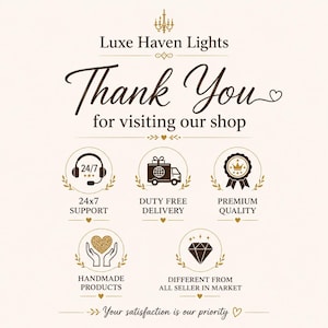 K&ouml;nnte beinhalten: Ein cremefarbenes grafisches Schild f&uuml;r Luxe Haven Lights mit dunkelbraunem Text, der Thank You for visiting our shop lautet. Es enth&auml;lt f&uuml;nf kreisf&ouml;rmige Symbole f&uuml;r 24/7-Support, zollfreie Lieferung, Premium-Qualit&auml;t, handgefertigte Produkte und einzigartige Artikel.