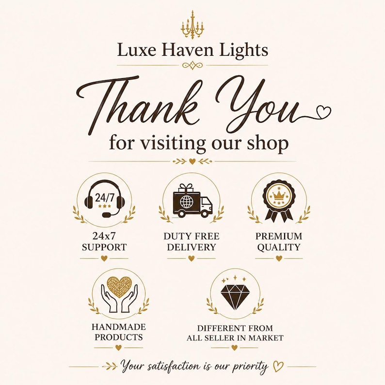 K&ouml;nnte beinhalten: Ein cremefarbenes grafisches Schild f&uuml;r Luxe Haven Lights mit dunkelbraunem Text, der Thank You for visiting our shop lautet. Es enth&auml;lt f&uuml;nf kreisf&ouml;rmige Symbole f&uuml;r 24/7-Support, zollfreie Lieferung, Premium-Qualit&auml;t, handgefertigte Produkte und einzigartige Artikel.