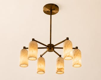 Moderner Kronleuchter aus Messing und Alabaster, 6-flammige Sputnik-Pendelleuchte, luxuriöse Esszimmerleuchte