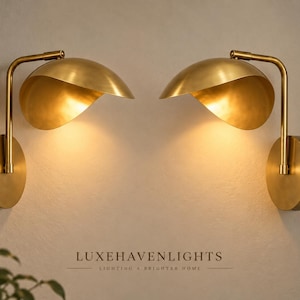 Pair of Brass Wall Sconces | Sculptural Wave Shade, Mid-Century Modern Lighting
